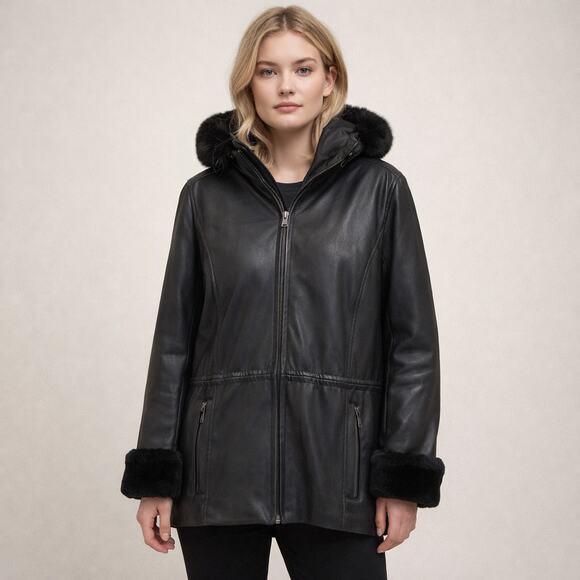 Andrew Marc Jackets & Blazers - Andrew Marc Leather Coat Mid Length Fox Fur Trim Size Small